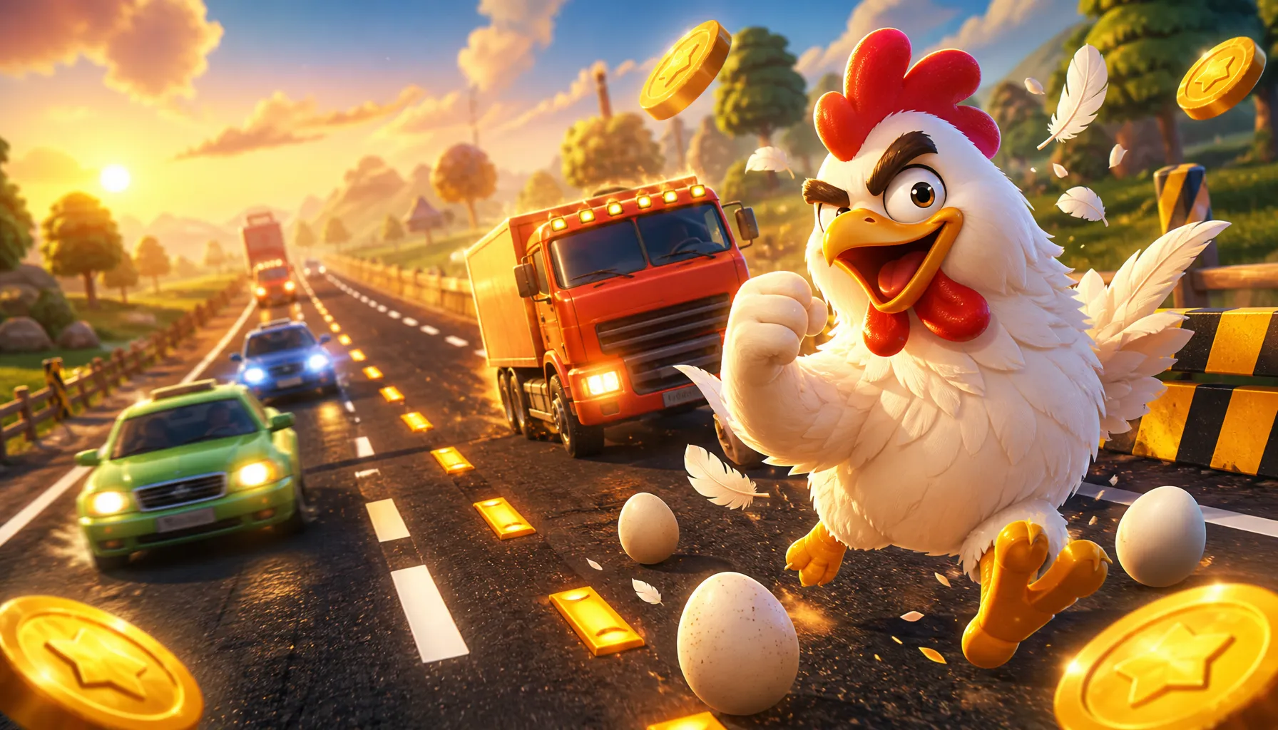 3D chicken character crossing a dangerous road with coins, eggs, and traffic obstacles in Chicken Road game theme
