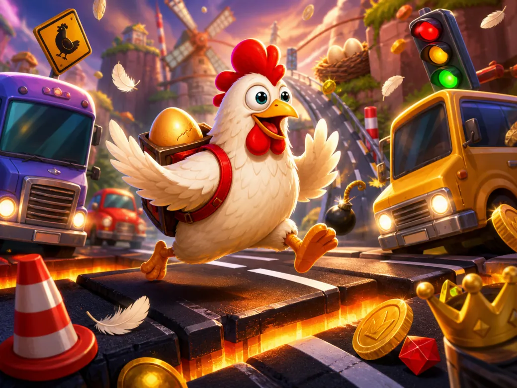 Cartoon chicken crossing a busy road with feathers flying, representing the Chicken Road slot game.