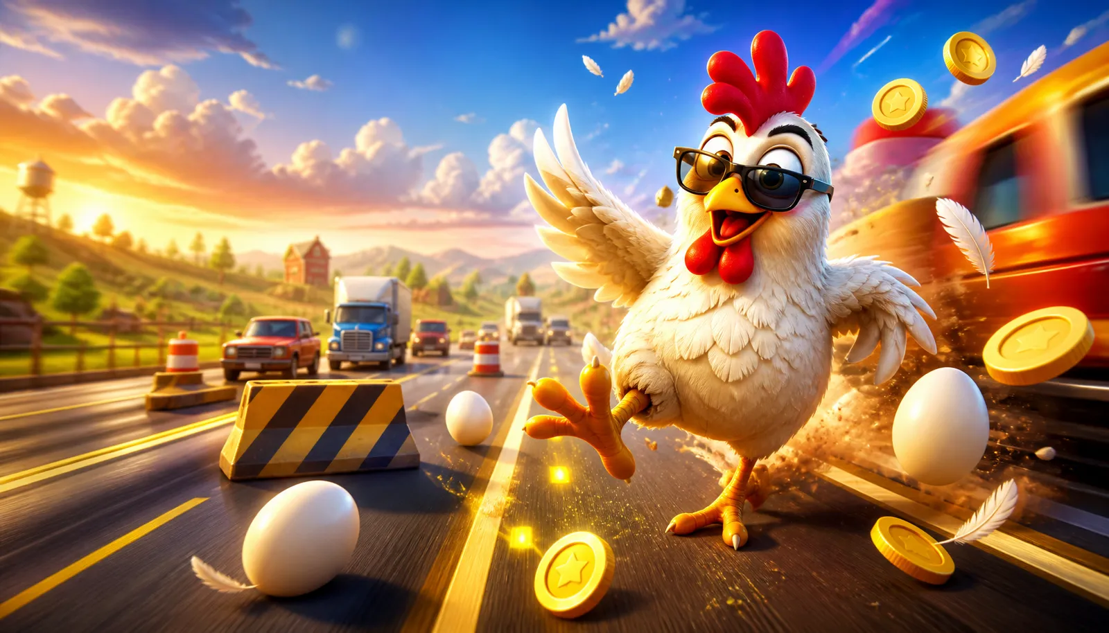 3D chicken crossing busy road with coins and obstacles in colorful game scene