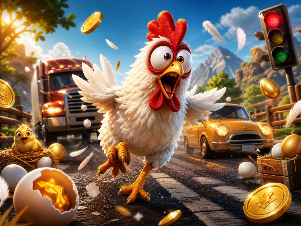 Playful chicken character crossing a busy road with feathers and traffic symbols, embodying a dynamic slot game environment.