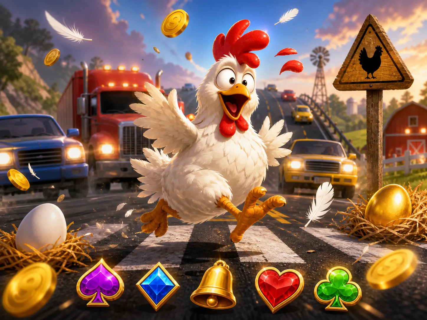Funny chicken character crossing a busy road in a vibrant slot game setting, featuring colorful feathers and playful traffic 