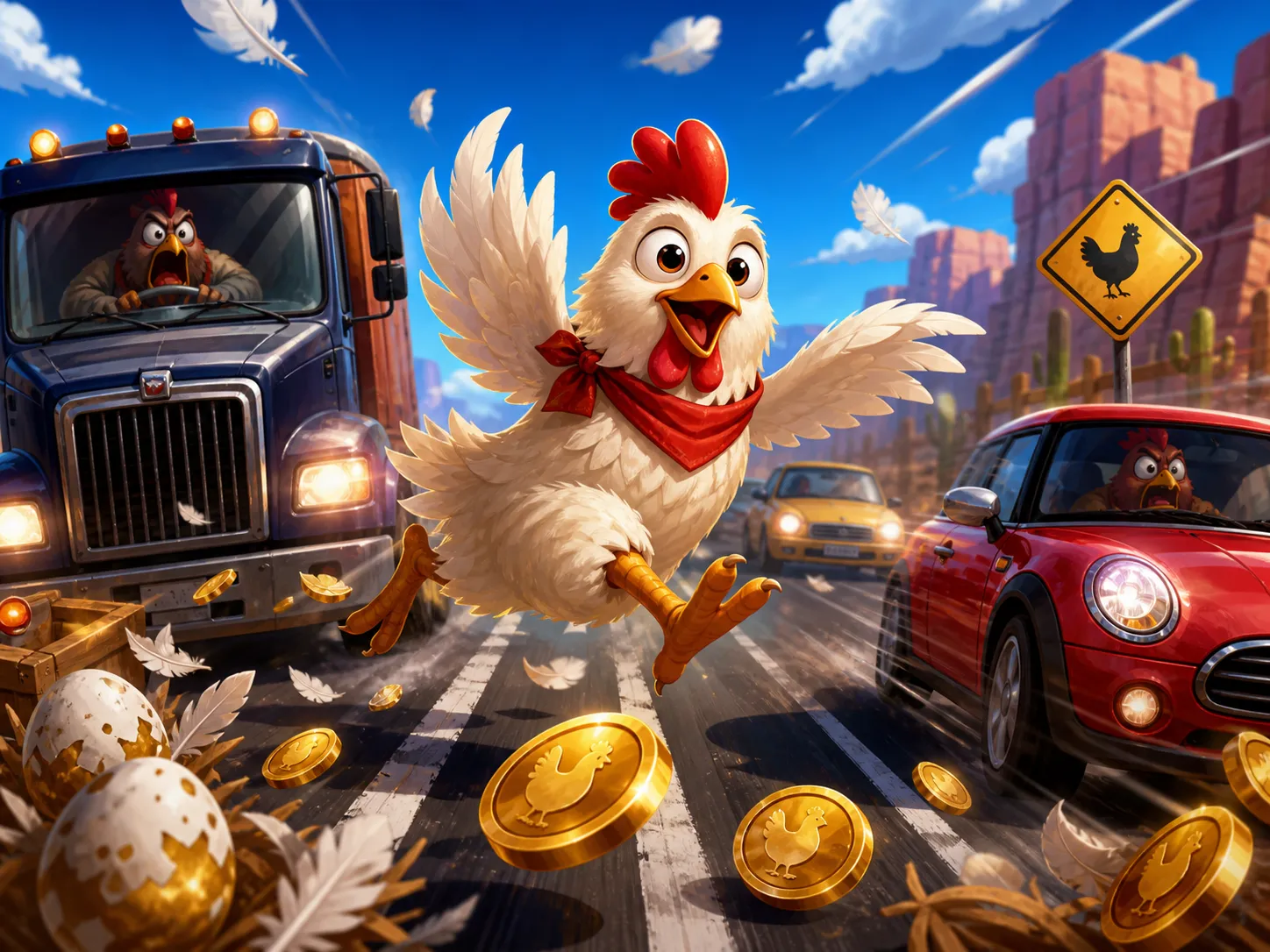 Chicken Road slot game promo art depicting cartoon chicken crossing a road with traffic and feathers.