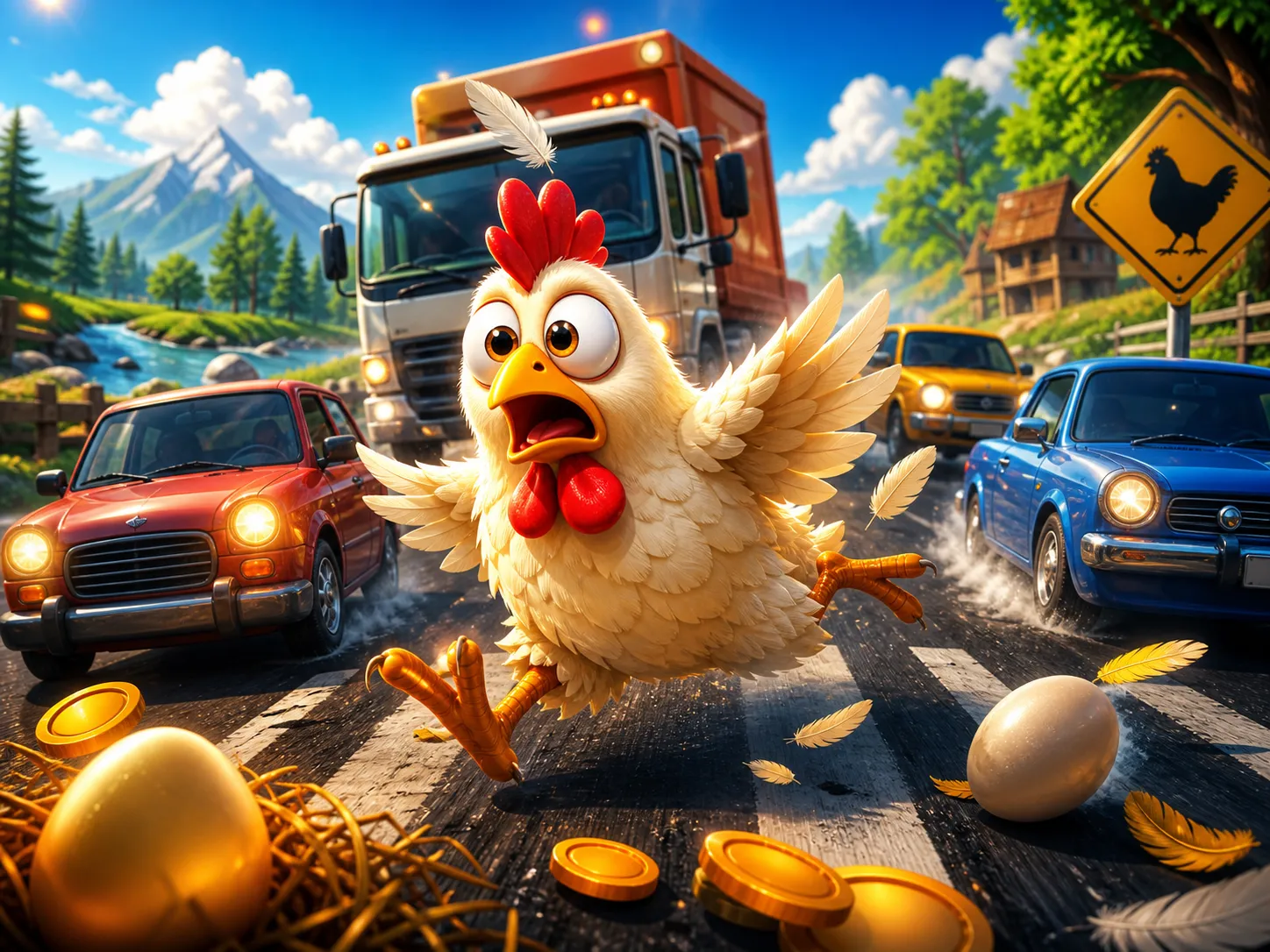 Funny chicken character on a road in a playful, crash-game atmosphere with feathers and traffic lanes.