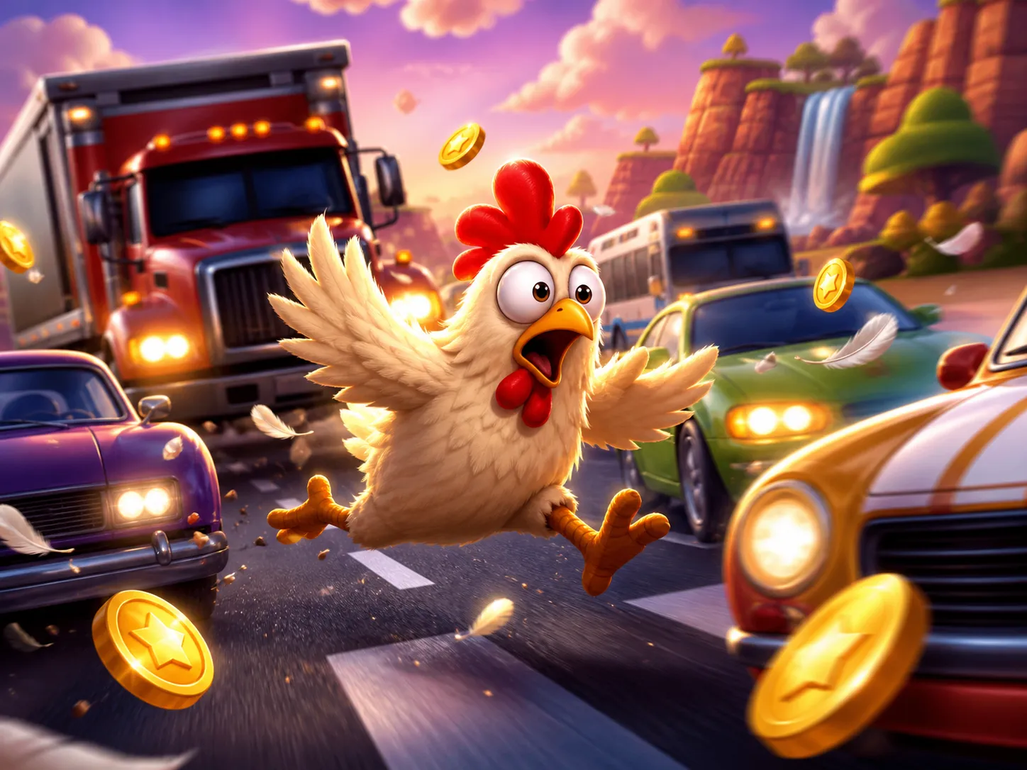 Colorful chicken character crossing a busy road full of traffic, capturing the playful and energetic theme of Chicken Road sl